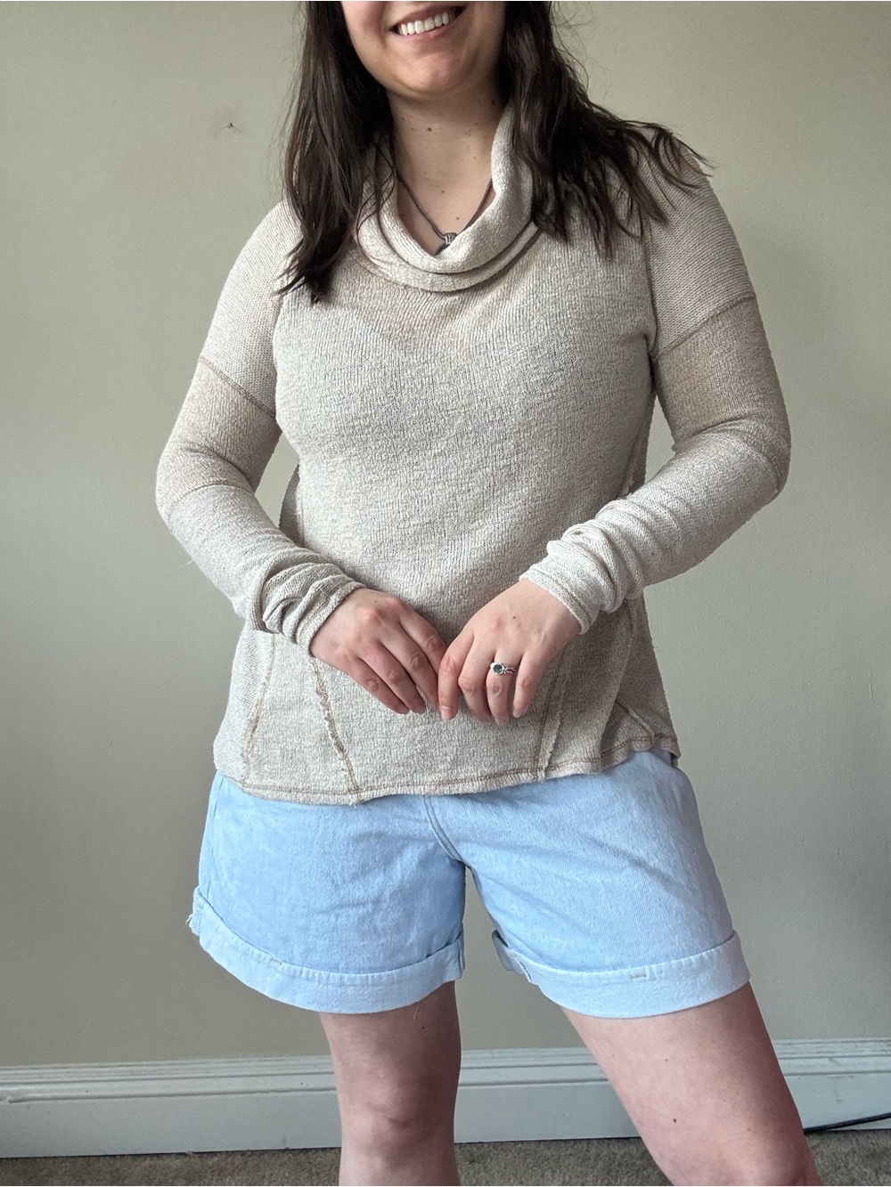 Free People Cozy Beige Cowl Neck Light Sweater